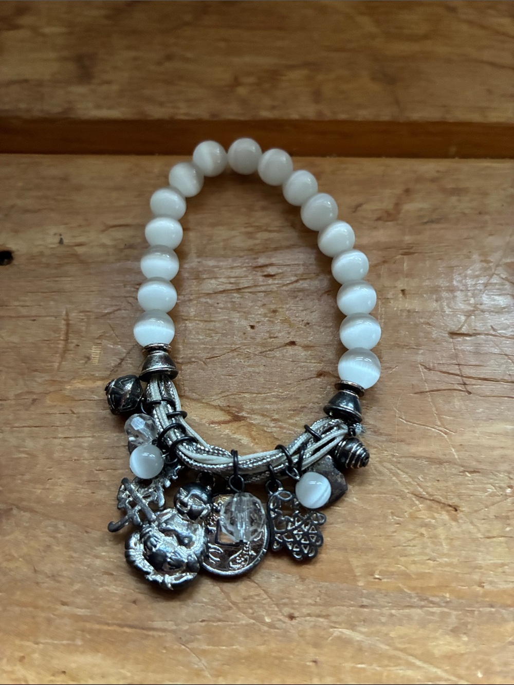 White Beaded Charm Bracelet/ stretchy